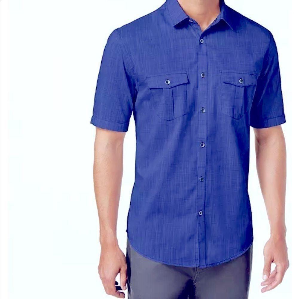 NWOT Alfani Regular Fit Blue Short Sleeve Button Down M Shirt Casual